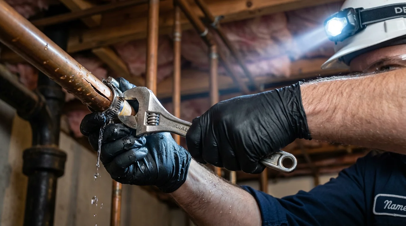 Emergency pipe clamp repair being performed by a Johns Plumbing LLC plumber in Pasadena