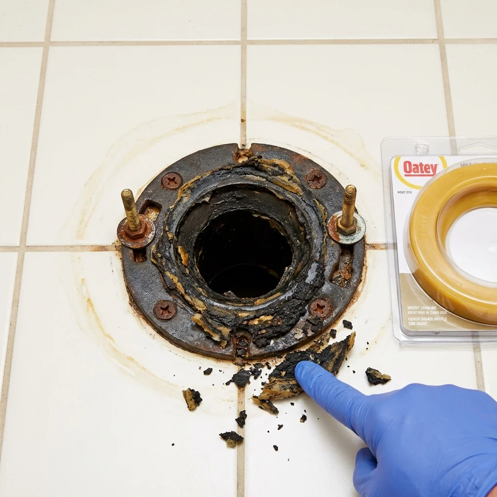 Failed wax ring showing water seepage at the base of a toilet in a Pasadena, MD home