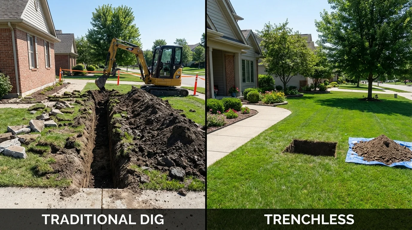 Trenchless sewer repair with minimal yard damage versus traditional excavation in Pasadena, MD